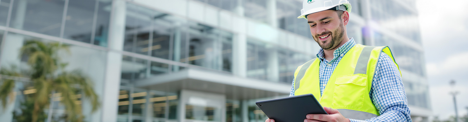 Health and Safety compliance officer standing outside building with an ipad